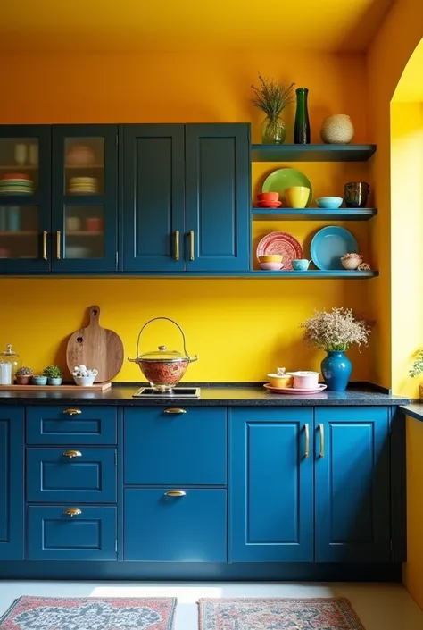 Kitchen with egg yolk walls, dark countertop, blue countertop, navy blue cabinets above the countertop, some with frosted glass doors