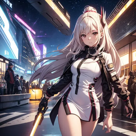 Make the character Chisato in a futuristic outfit in a social and luxurious setting..