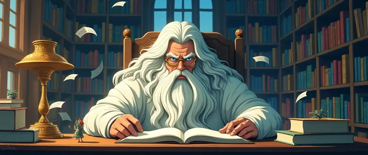 This image needs to be anime style, a giant, his skin and hair are made of paper and books, hes sitting on a gigantic chair. In front of him, theres a giant library table. There are other giant things there, with a giant reading lamp, a giant pen, but righ...