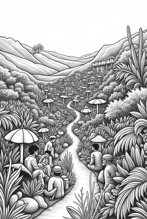 A drawing that encompasses the following concepts, about the territory, Population, NATURE AND CULTURE, that looks like a black and white drawing 