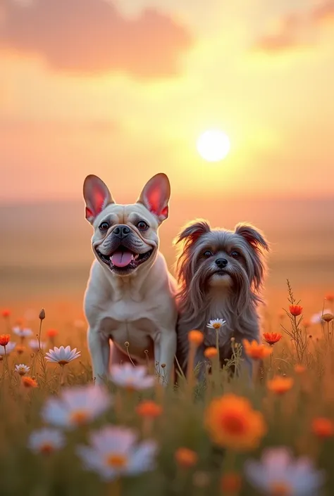 Could you illustrate it in an image?, he arriving in heaven which would be a field with flowers and a sunset. 
He will be greeted by a Lhasa a little smaller than him., slim, dark gray in color pulling black with some white hairs from old age, has a kind s...