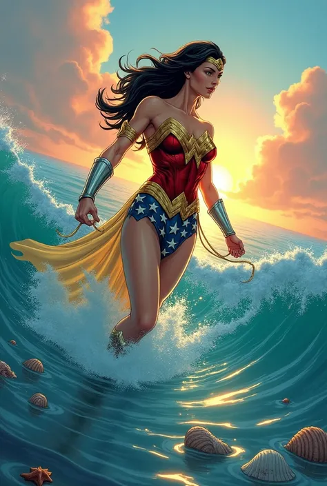 Comic book cover with the title Wonder Woman Reborn. Wonder Woman emerging from the sea, dressed like Sandro Botticellis painting The Birth of Venus.