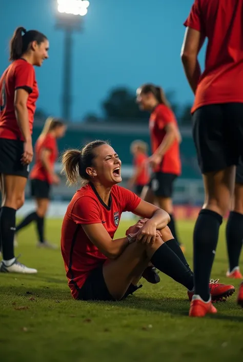 Women soccer injury leg grimaces crying foul in full body sujetandose la pierna de dolor 