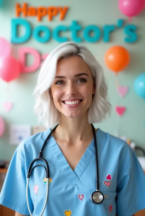 Happy Doctor&#39;s Day image female doctor brown eyes white hair cartoon  , label letters that say happy doctors day