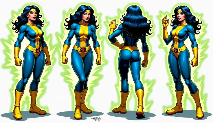 Lorna Dane, polaris x-men, (spritesheet 4 frames of a punch:1.6), (busty and voluptuous body) , (green thick wavy long hair:1.4), (huge breast:1.6), wearing a blue costume, big yellow in the chest and stomach, with yellow xmen belt, yellow glowes, yellow b...