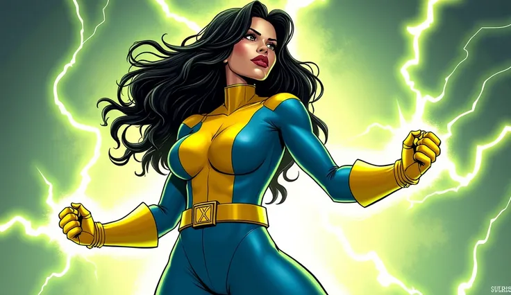 Lorna Dane, polaris x-men, (spritesheet 4 frames of a punch:1.6), (busty and voluptuous body) , (green thick wavy long hair:1.4), (huge breast:1.6), wearing a blue costume, big yellow in the chest and stomach, with yellow xmen belt, yellow glowes, yellow b...