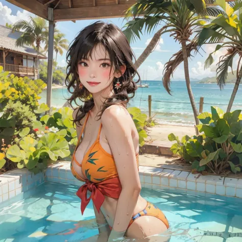 ((highest quality, masterpiece, High resolution)), ((reality)),Photos of beautiful Japanese women,((anime art))、 (((1 girl))), normal size breasts, slim body shape, long ponytail,double eyelid, Wet see-through micro bikini, A pareo with bold ethnic pattern...