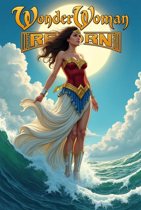 Comic book cover with the title Wonder Woman Reborn. A Greek adolescent emerging from the sea dressed like Sandro Botticellis painting of the birth of Venus.