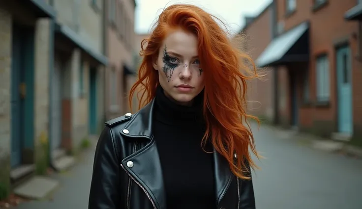 close up photograph shot of a natural redhead country woman 18 year old she is a damaged terminator with half the face damaged, wearing a black sweater with a leather jacket on top, in a stree,  cinematic, high quality, HD, sharp focus, detailed skin,