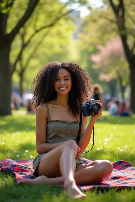 A brunette girl with curly hair and big breasts sits with her legs stretched out, taking a realistic photo