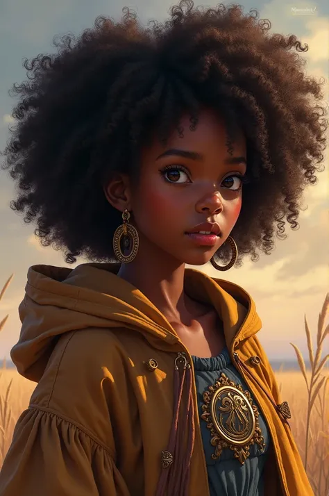 Detailed illustration of a curly black girl wearing a hoodie and medieval dress, Soft and bright, HD artwork by Greg Hildebrandt, Liu Xitemo, Sergek Stepan, Samyang, Aykut Edodu, Justin Gerard, Alphonse Mucha, Artistic Germ, WLOP and Greg Rutkoski