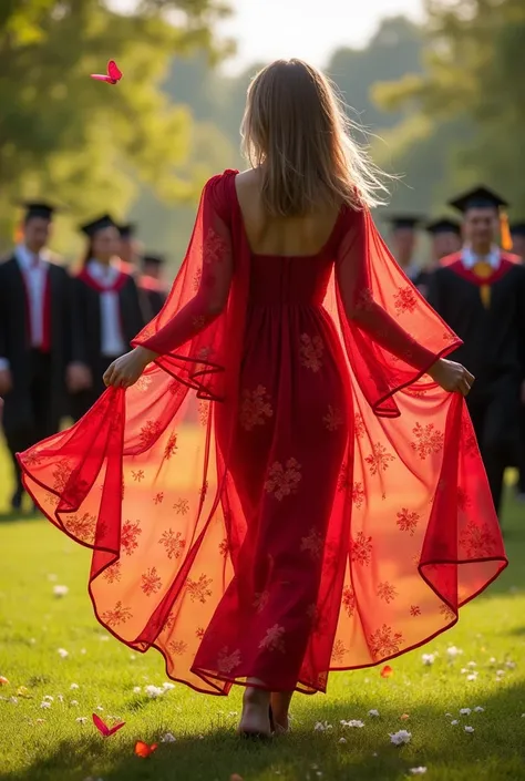 Long red printed sheer elegant graduation dress 
