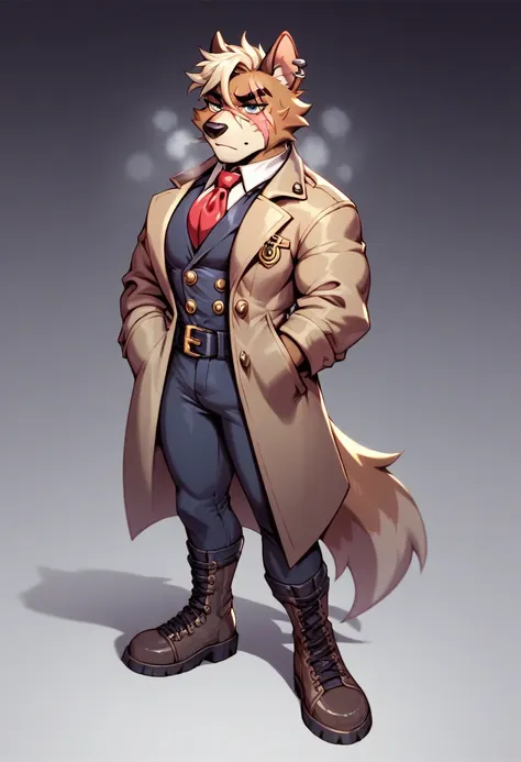 a anthropomorphic dog furry yellow detective buff,muscular wearing a detective outfit,brown trench-coat,scars,thick,30’s style. ...