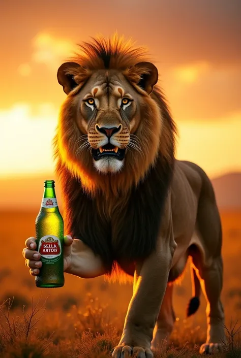 Create a photo of a strong lion with a fierce face and a Stella beer in its hand. 