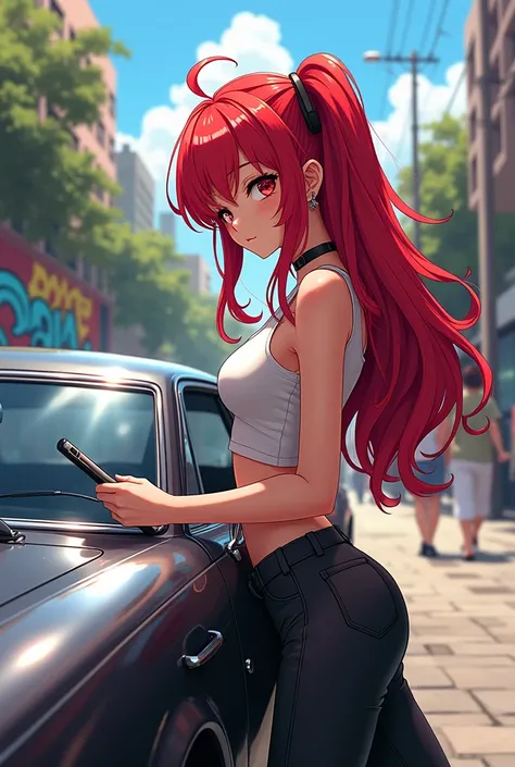 Anime woman with red hair, with the phone resting on the car. art anime 