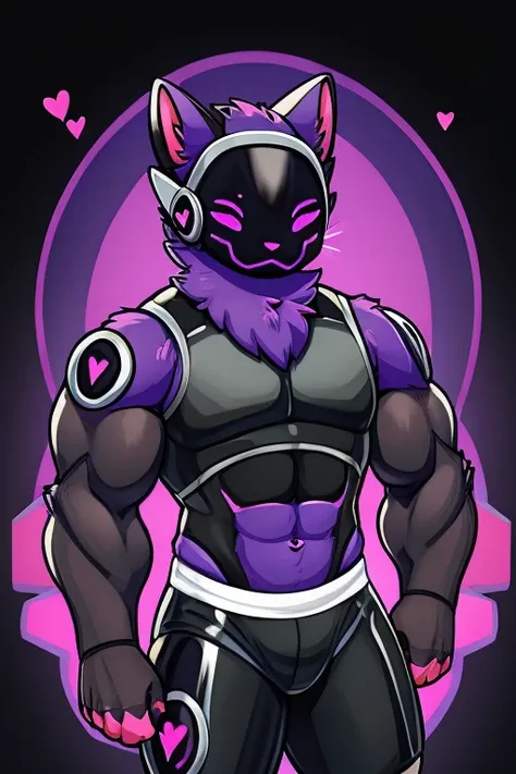 black cat, black robot helmet with a purple kawaii cat face, muscular, black sleeveless shirt, Morados shorts, with heart stickers on the body 