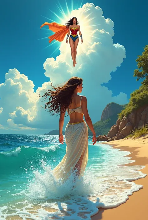 Comic cover of a Greek teenager emerging from the sea, dressed like Sandro Botticellis Birth of Venus painting, with the spirit of Wonder Woman observing her from the sky.