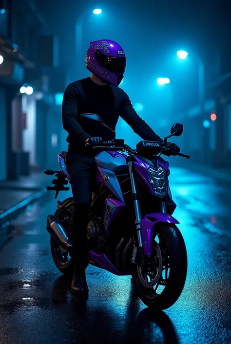 Create a cover for a video of a man next to a motorcycle, black background with blue, in a street, wearing a purple helmet with black, well-structured. 