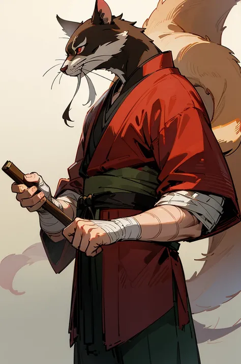 upper body, standing, dojo, japanese temple, inside, clothed, kimono, red kimono, rat tail, red eyes, goatee, brown body, white fur,brown fur, bandages, safe, (master splinter:1.2), solo, topwear, bottomwear, BREAK, by bruteandbrawn, by personalami, by ken...