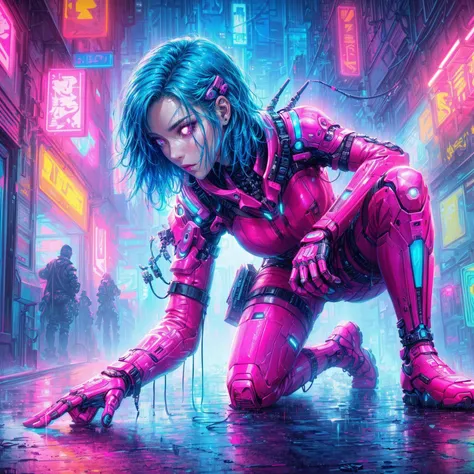 a woman in shiny pink suit crouching down on the ground in a city, cyberpunk art style, cyberpunk themed art, cyberpunk vibrant colors, advanced digital cyberpunk art, cyberpunk artstyle, cyberpunk digital painting, detailed cyberpunk illustration, cyberpu...