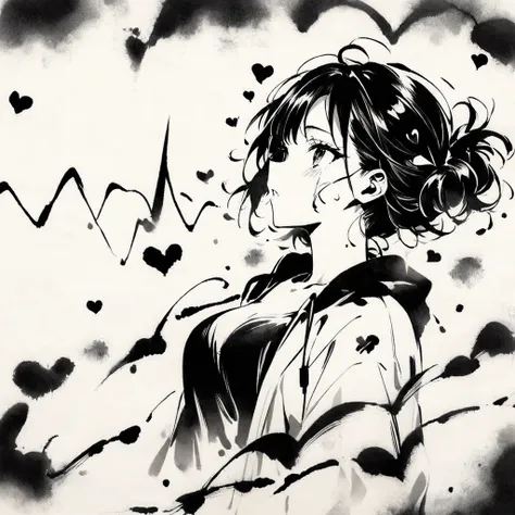 monochrome style,ink painting,heart, heart sounds, throbbing heartbeat, electrocardiogram