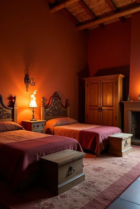 the large bedroom has 2 single beds, one on each wall, with good space between them. the walls have a slightly reddish color. Beds feature ornate headboards that often include details that evoke flames. each room is equipped with a smaller fireplace or hea...