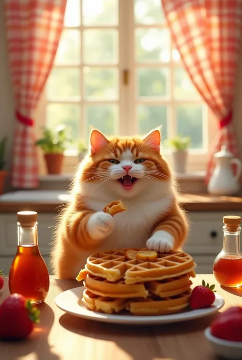 A fat cat eating waffles