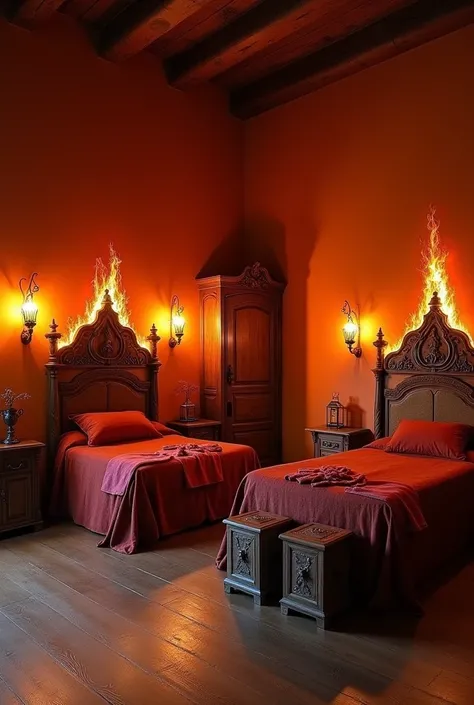 the large bedroom has 2 single beds, one on each wall, with good space between them. the walls have a slightly reddish color. Beds feature ornate headboards that often include details that evoke flames. each room is equipped with a smaller fireplace or hea...