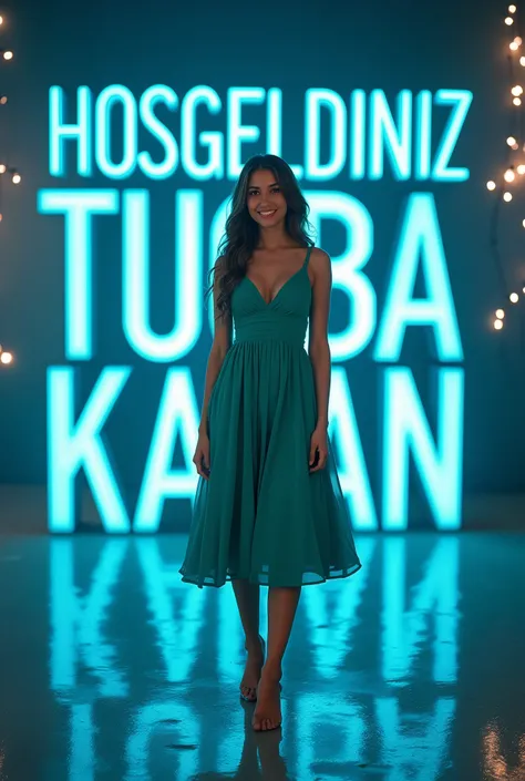 LET THE BACKGROUND BE GRAY. THERE WILL BE DIMMED LIGHTS AND NEON LIGHTING FROM TOP. WRITE "HOSGELDINIZ TUGBA KALAN" WITH 3D LOGO. THE COLOR OF THE TEXT SHOULD BE BLUE AND THE NAME SHOULD BE REFLECTED ON THE GROUND. BEHIND THE NAME IS A BEAUTIFUL YOUNG BRUN...