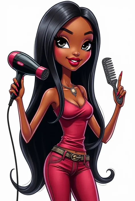 Brown rapper Bratz with tattoos on her arms. Thick red lips, black almond-shaped eyes with lots of big eyelashes and a mole on her right cheek. Long straight black shiny hair. Profile view looking forward with white background and in her hand she has a hai...