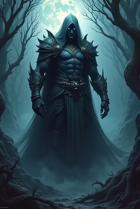 A figure shrouded in mystery and darkness. His imposing stature and muscular physique make him appear almost indestructible, A warrior sculpted by shadow itself. 