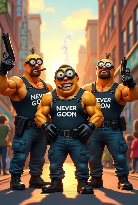 3 very buff policemen Minions with tanktops that say never goon, 2 smoking a cigar and one crouching, all pointing a glock to the screen (viewer). tall. And they have army cargo jeans. 