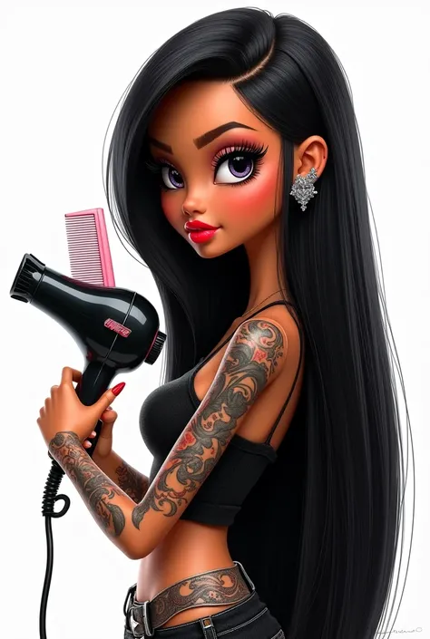 Tan-skinned Bratz girl with tattoos on her arms. Thick red lips, black almond-shaped eyes with lots of big eyelashes and a mole on her right cheek. Long straight black shiny hair. Profile view looking forward with white background and in her hand she has a...