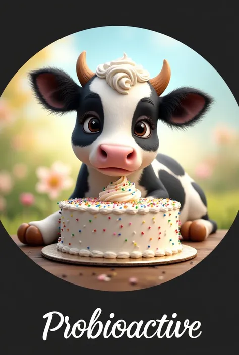 drawing of a cute beautiful cow with long eyelashes sitting with a frozen cake a cow with four legs The image must be round with a black margin Below it must say Probioactive in cursive letters