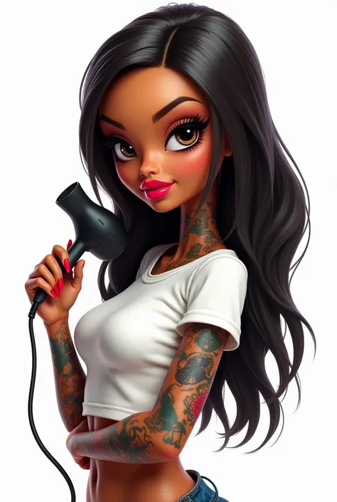 Tan-skinned Bratz girl with tattoos on her arms. Thick red lips, black almond-shaped eyes with lots of big eyelashes and a mole on her right cheek. Long straight black shiny hair. Profile view looking forward with white background and in her hand she has a...