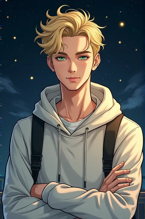 Young white man, with blonde hair in the Old Money style, with green eyes, front profile, half body, in a cold-weather blouse and kangaroo-style sweatshirt, drawn in manga lines, with a night background