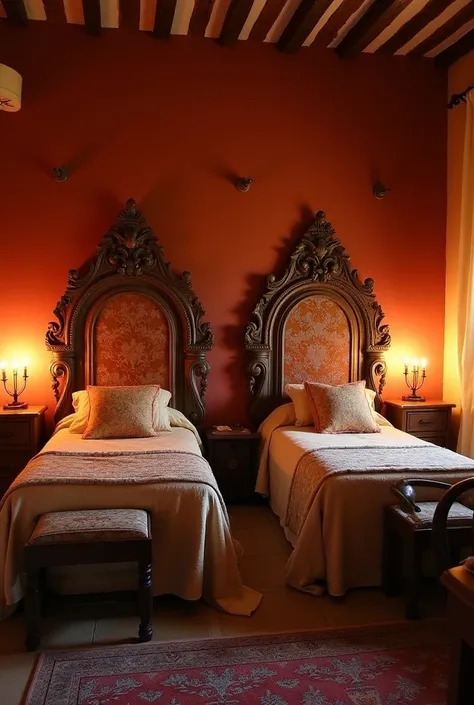 the large bedroom has 2 single beds, one on each wall, with good space between them. the walls have a slightly reddish color. Beds feature ornate headboards that often include details that evoke flames. each room is equipped with a smaller fireplace or hea...