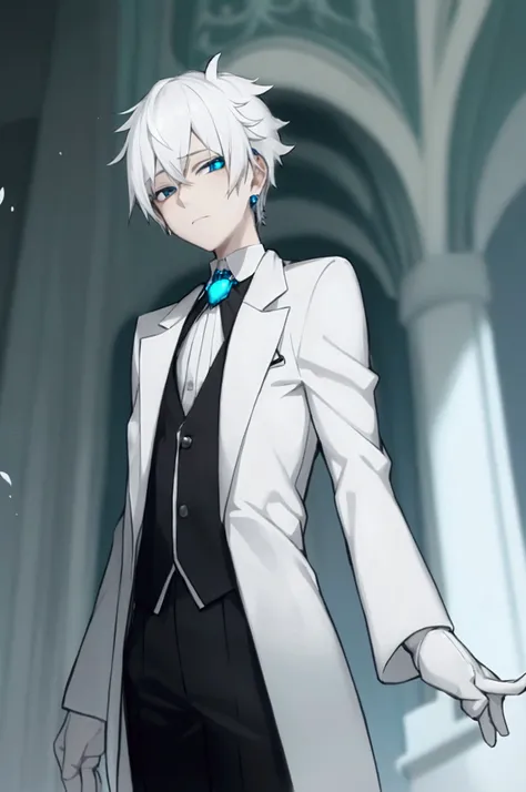 white haired boy with seafoam blue eyes, pale skin, small smile and wearing a single leaf earring