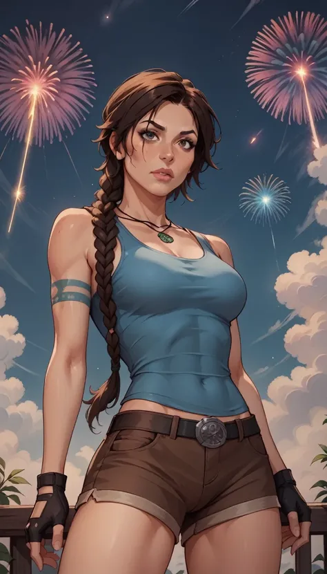 score_9, score_8_up, score_7_up, score_6_up, score_5_up, score_4_up,1girl,nsfw,,pussy_hair,lara_croft(tomb_raider), 1girl, long_hair, braid,  brown_hair, brown_eyes, blue_tank_top, taut_clothes, brown_shorts, leather_shorts,  fingerless_glove,  black_glove...