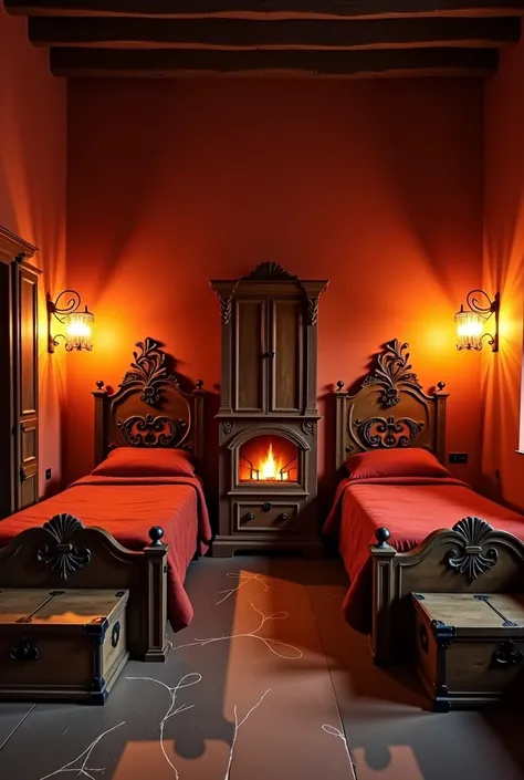 the large bedroom has 2 single beds, one on each wall, with good space between them. the walls have a slightly reddish color. Beds feature ornate headboards that often include details that evoke flames. each room is equipped with a smaller fireplace or hea...