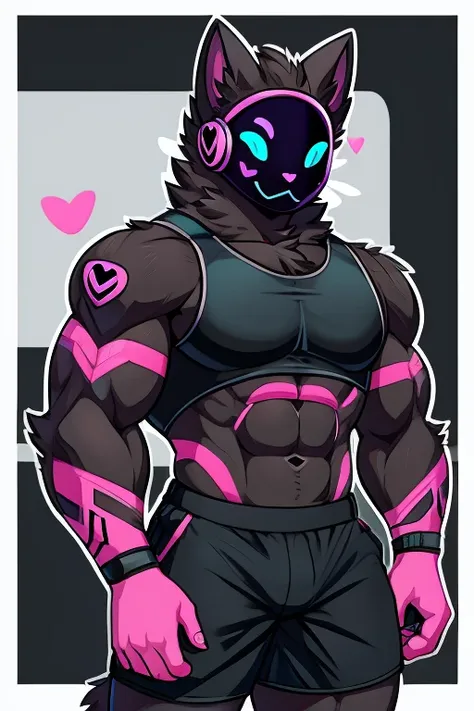 Big black cat , black robot helmet with a purple kawaii cat face, muscular, furry, black sleeveless shirt, Morados shorts, with heart stickers on the body 