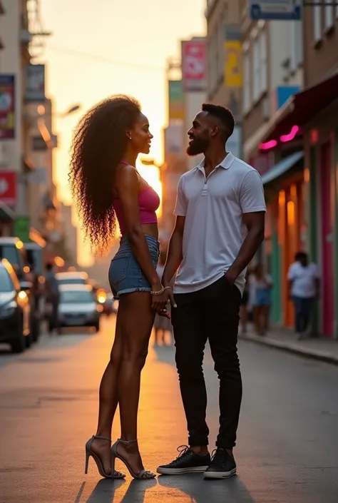 A very tall african american girl with long curly hair, crop top, and shorts and open toe wegdes stands next to her husband. The husband is way shoter than her wife. She is a tall girl