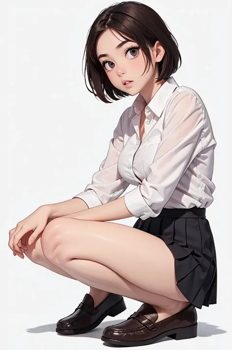 (((masterpiece, best quality, ultra highres, 1 girl, solo, white background))), super detailed skin and face and eyes and finger, cute japanese woman, small breasts, skinny, light brown hair, very short pixie hair, knee shot, white background, 2D anime, bo...