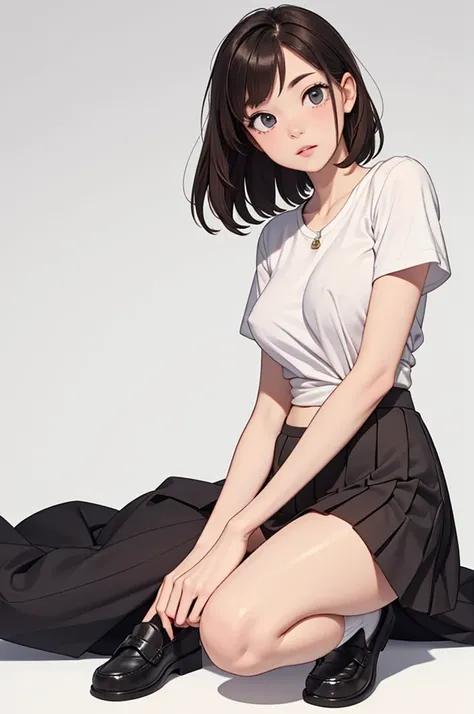 (((masterpiece, best quality, ultra highres, 1 girl, solo, white background))), super detailed skin and face and eyes and finger, cute japanese woman, small breasts, skinny, light brown hair, very short pixie hair, knee shot, white background, 2D anime, bo...