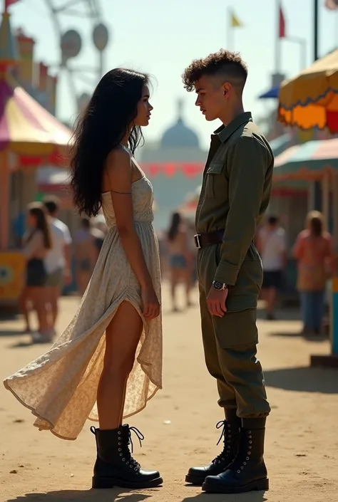 young woman with white skin, lightbrown eyes, with black wavy hair, wearing a boho dress, black boots on her feet in an amusement park facing a tall boy, stark, army uniform dress, brown hair shaved,  mysterious eyes, looking into the eyes with a serious e...