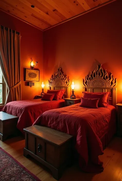 the large bedroom has 2 single beds, one on each wall, with good space between them. the walls have a slightly reddish color. Beds feature ornate headboards that often include details that evoke flames. each room is equipped with a smaller fireplace or hea...