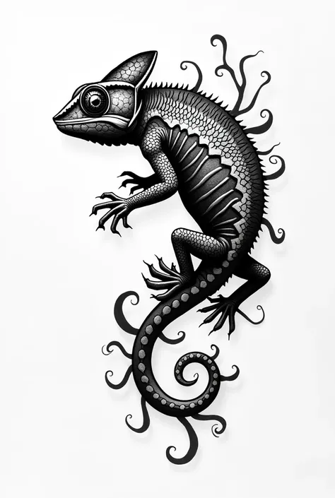 Tattoo design with a chameleon in black and white with dynamic shapes