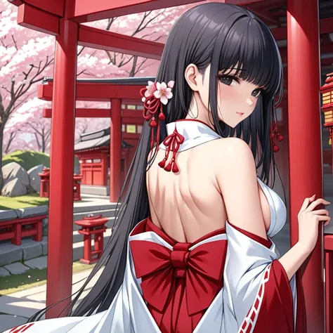 quiet、a 35-year-old mother, milf, long black hair down her back、black eye、shrine maiden costume, red hakama、the shrine where che...