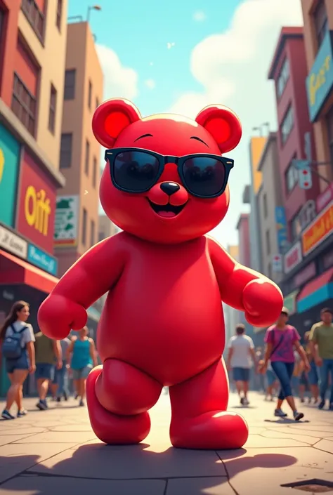 Modern red gummy bear logo walking with dark sunglasses (animated cartoon)

