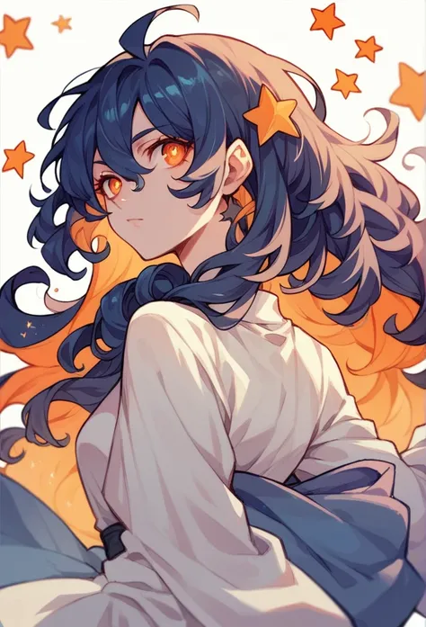 An anime woman with stars for pupils, orange eyes and hair, long hair with curls in the back